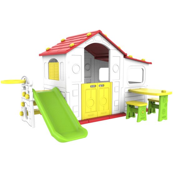 Set of a garden house with slide, table, seat and basketball. Age 18m+